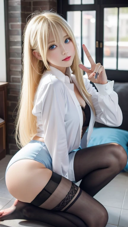 highest quality Shining, clear, white skin、Her windblown blonde hair hides her beautiful face、huge、20 years old cute sexy little beautiful face、Beautiful straight hair that stands out、growing up, Sparkling light blue eyes、long silky bangs that cover cute eyes, Sexy and cute young woman with super long hair hiding her sexy face、Super long, natural platinum blonde shiny hair Beautiful bangs that cover the forehead and reach the eyebrows Beautiful chest whole body Lower Body Overall image Sensual pose They are trying to seduce me. A devilish look peace sign Sexy goth costume Trying to kiss her with her beautiful lips Beautiful legs with buttocks sticking out Wearing knee socks
