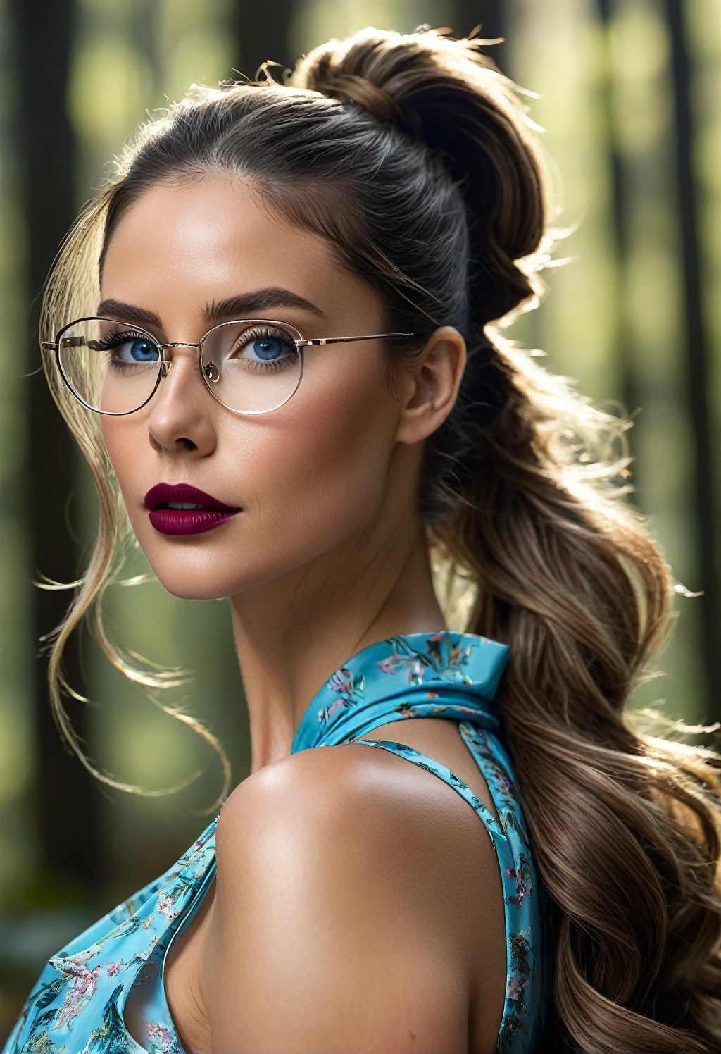 RAW color photo of very high quality and detail, long hair styled in a tied high ponytail, double exposure, sharp lines, monochrome background, 50mm, Canon EOS R10+ effect, focus on art by @DrDB, soft lighting, effect Field depth; (((Realism; 8k definition capabilities; The main scene is a full view of the person's image taken from a distance with an f/1.2 wide-angle camera; realistic image; woman, normal appearance, contemporary style, blue eyes; light brunette , 38 years old, wears square glasses))); ((normal body, thin abdomen, narrow waist)), small, well-shaped eyes; thin and detailed eyebrows, (dark brown hair long hair styled in a high tied ponytail), very detailed skin texture, slight dimple on the face without makeup, small mouth with burgundy lipstick 1.4, long dress 1.6))), facial features clear)); (((photographic, photographic, photogenic))), candid moment, genuine expressions, detailed facial features, emotional depth (radiant expression; looking at the front of the scene: 1,2), (((completely contrasted background))) clothes more ultra-real: 1.8)), legs in front of each other: 1.4, ((exposed detail: 1.4, full focus on scene position (f/1.2)); Sunlight hitting a forest; Spectacular ambient lighting, luminous colors, cinematic atmosphere, realism style, intricate details in high capture (((Ultra-high resolution, physics-based rendering. ((Many bright and colorful particles are flying: 1.5, backlit)) . full-figured woman, calm appearance, bohemian style, blue eyes;