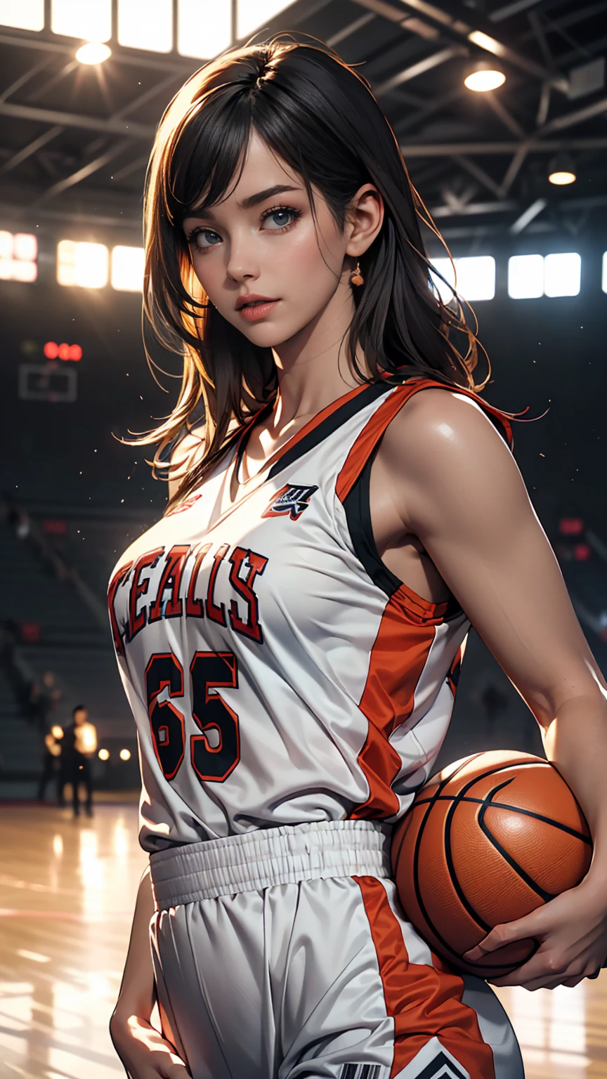 (8k, highest quality, masterpiece:1.2), (Realistic, photo-Realistic:1.37), Very detailed,highest quality, Ultra-high resolution, Professional Lighting, Photon Mapping, Radio City, Physically Based Rendering, Cinema Lighting, Basketball court,Depth of written boundary, Sharp focus,Sunbeam, Good composition,(Bokeh:1.2) One girl,alone,(whole body), (Mouth closed),Beautiful fine details, Pause, Tight waist,Basketball Uniforms, Black Hair,Messy Hair,Long hair blowing in the wind,(Ulzzang-6500:1.2), Mix 4, Hello