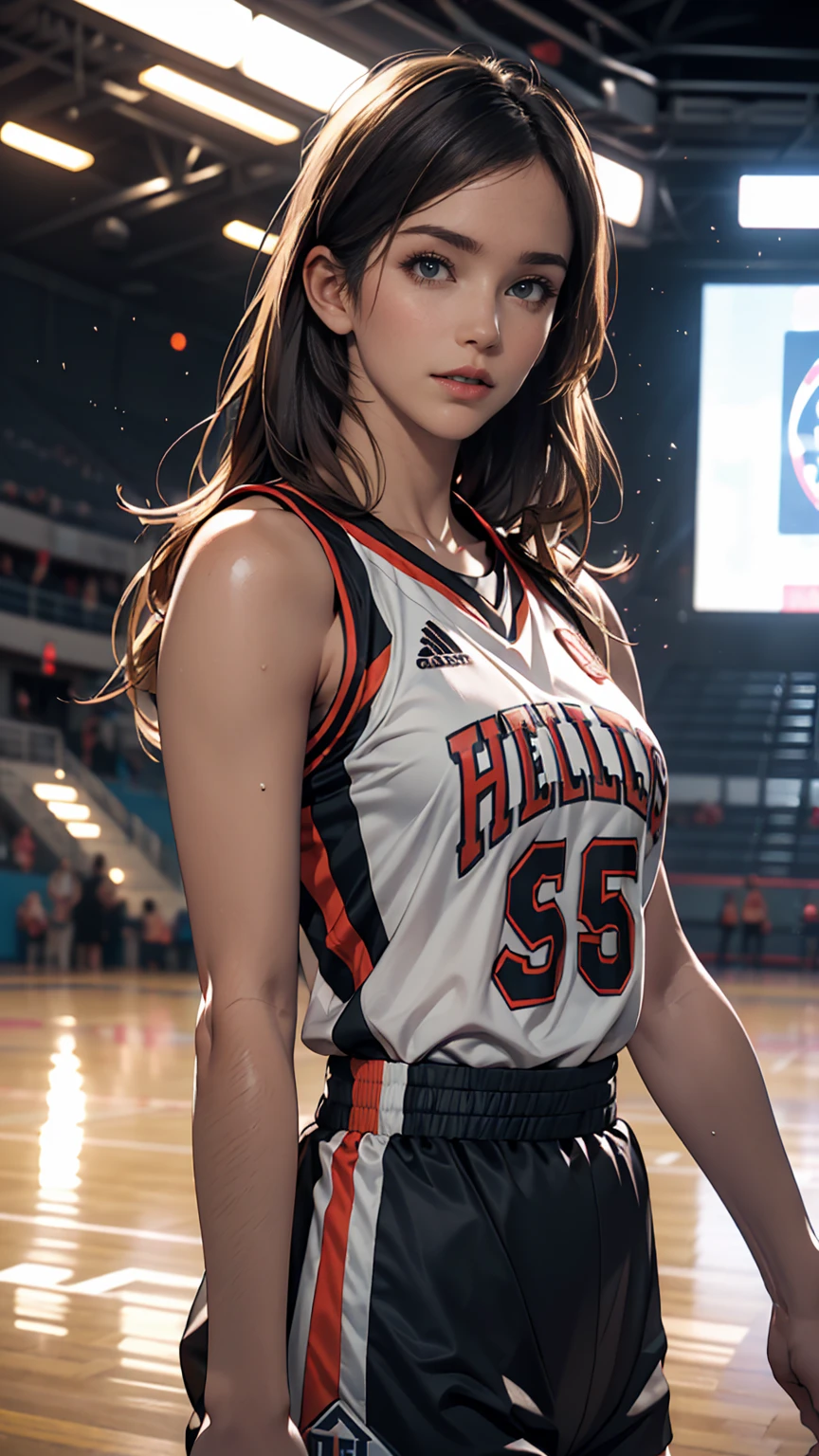 (8k, highest quality, masterpiece:1.2), (Realistic, photo-Realistic:1.37), Very detailed,highest quality, Ultra-high resolution, Professional Lighting, Photon Mapping, Radio City, Physically Based Rendering, Cinema Lighting, Basketball court,Depth of written boundary, Sharp focus,Sunbeam, Good composition,(Bokeh:1.2) One girl,alone,(whole body), (Mouth closed),Beautiful fine details, Pause, Tight waist,Basketball Uniforms, Black Hair,Messy Hair,Long hair blowing in the wind,(Ulzzang-6500:1.2),  Mix 4, Hello
