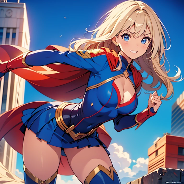 capitana marvel. beautiful 22 year old superhero girl. cabello rubio brillante sonrisa, rubor, ojos celestes. pechos grandes, disfraz de superheroe azul y amarillo. volando por el cielo , cabello rubio . piel clara rubia. pechos grandes. cuerpo completo, super girl suit. Super Short skirt, cleavage, tiny suit, trasero grande, sexy girl, showing more skin, side boob, tiny top suit, hard niples,