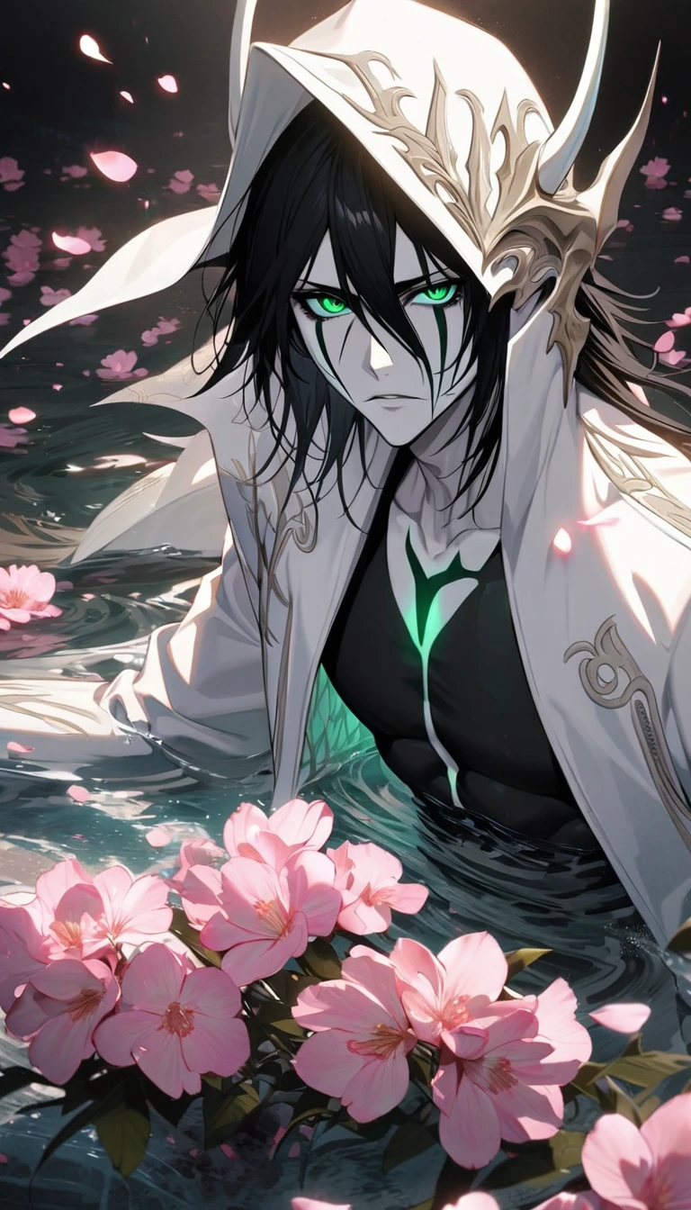 Ultra detailed, Highres, absurdres, Ulquiorra Cifer, black hair, green eyes, pale skin, white long coat with patterns, bleach, pink flowers, petals, extremely handsome, sexy man, toned chest, solo, very detailed eyes and face, black gloves, water, pink butterflies, black tight t-shirt,