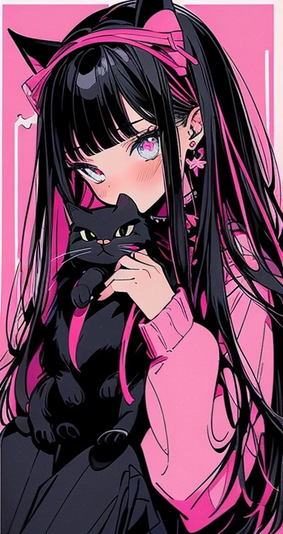 Beautiful youth, Black Hair, Long Hair, Pink Sweater, Black cat with pink ribbon, Just before the kiss, Cute and stylish room,high quality, elicit amount, Pixiv illustration, Japanese anime, clear line drawing, Transparent watercolor, Clear shading