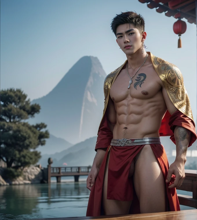 2 Handsome chinese guy fucking, having sex, full naked , show the dick, penetrate, 20 years old,hug, cuddle, touching lips, skin ship, romantic, Asian, chinese hansome actor, kpop idol, handsome male model,manly, master work, best picture quality, higher quality, high detail, super high resolution, 8k resolution, perfect eyes, perfect skin, manly jawline, manly chin, perfect hands, big chest muscles, bare chest, big juicy butts, tattoos chest, tattoo hands, tattoo arms,earings, ancient pendents, braceles, glowing eyes, short hair, hair details, detailed background , open Hanfu transparent tulle jacket, ((red and golden clothes with silver decoration)), super sexy loincloth, naked, long big erection dick, detailed perfect dick shape, masturbate, Chinese garden background, Chinese kung fu, dragon-themed costumes, monk robes, spinning floating particles, chinese temple in background, looking at viewer