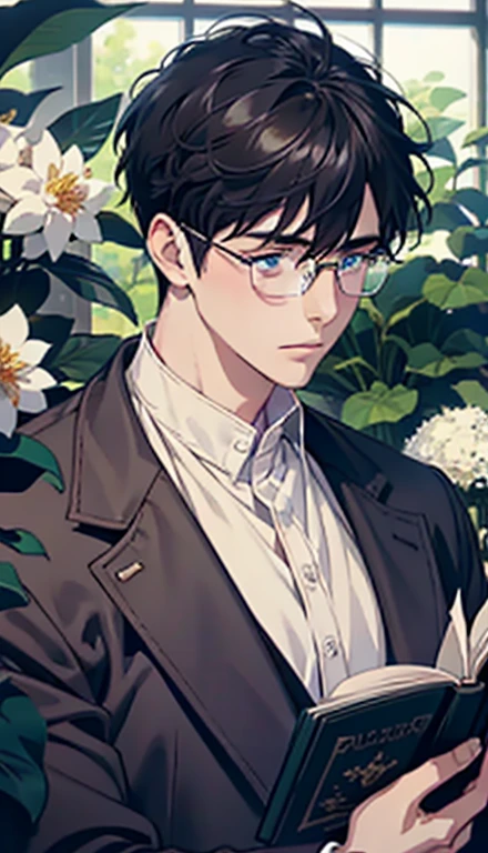 1 boy,male,young people,pale boy,plant,flowers,Low screen contrast,high brightness,Black hair,Glasses,blue eyes,soft light lighting,soft focus,, anime big breasts, Impressionism, movie lighting, close up, ultra high definition, masterpiece, high detail,book