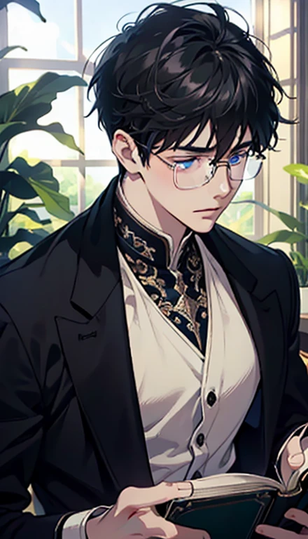 1 boy，male，young people，pale boy，plant，flowers，Low screen contrast，high brightness，Black hair，Glasses，blue eyes，soft light lighting，soft focus，, anime big breasts, Impressionism, movie lighting, close up, ultra high definition, masterpiece, high detail，book