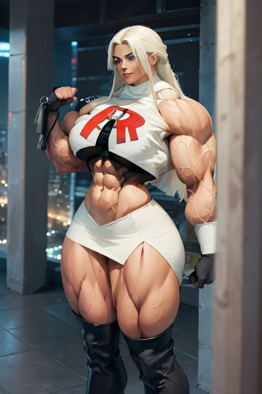 (((((Massive tall, beautiful, buff, brown skinned muscular goddess woman with white hair, ginormous bulky muscles and wearing a team rocket uniform with skirt))))), close view, (massive muscles), massive biceps, hyper muscle shoulders (ginormous muscle arms), vascular shoulders, hyper muscle triceps, (long hair), blue eyes, choker, black thigh high boots, (white gauntlets), on the rooftop, confidant smile, night, hyper vascular arm, hyper muscles arms, hyper muscle legs, (ginormous arms).