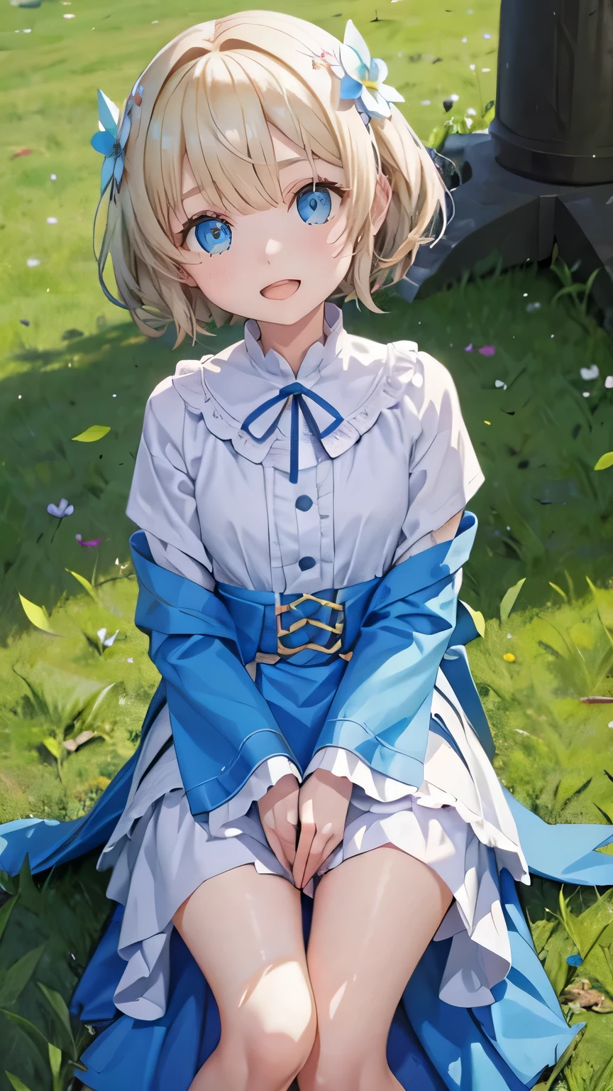 blonde、blue eyes、girl,、Sparkling Eyes、smile、Open your mouth、grassland、Beautiful flowers、butterfly々Flying around、sit、god々Shining light、