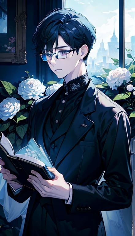 1 boy，male，young people，pale boy，plant，flowers，Low screen contrast，high brightness，Black hair，Glasses，blue eyes，soft light lighting，soft focus，, anime big breasts, Impressionism, movie lighting, close up, ultra high definition, masterpiece, high detail，book