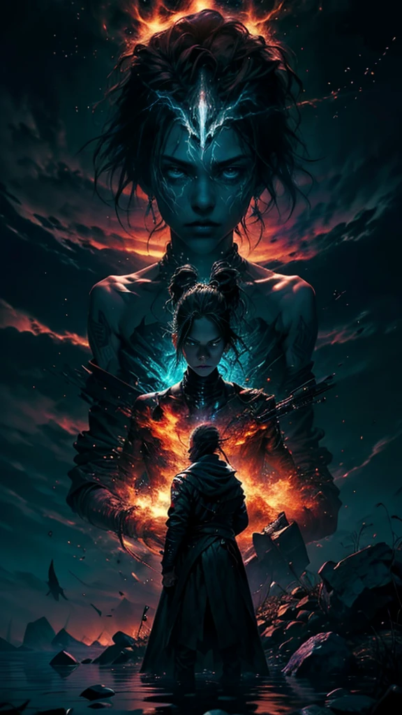 low view, an image inspired by the lyrics of "The Kill" by 30 Seconds to Mars. Focus on the themes of internal struggle, confrontation, and self-discovery portrayed in the song. The image should convey a sense of emotional intensity and introspection. Consider incorporating elements such as a figure in conflict with themselves or their surroundings, intense facial expressions, and symbolic imagery representing inner turmoil and the search for identity. Use vibrant yet somber colors to evoke a mood of tension and resolution. night, dark, raytraced