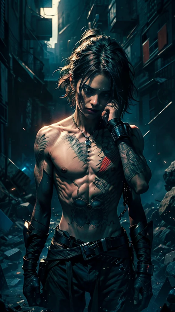 (best quality), high quality, very high resolution, (ultra detailed), 8k, (hyper realistic),Ray Tracing, (Hisoka), (Hunter x Hunter), No sleeve, 1 person, ruins,