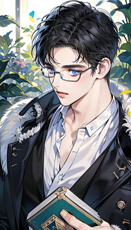 1 boy,male,young people,pale boy,plant,flowers,Low screen contrast,high brightness,Black hair,Glasses,blue eyes,soft light lighting,soft focus,, anime big breasts, Impressionism, movie lighting, close up, ultra high definition, masterpiece, high detail,book