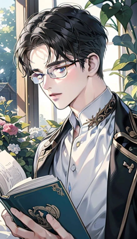 1 boy，male，young people，pale boy，plant，flowers，Low screen contrast，high brightness，Black hair，Glasses，blue eyes，soft light lighting，soft focus，, anime big breasts, Impressionism, movie lighting, close up, ultra high definition, masterpiece, high detail，book