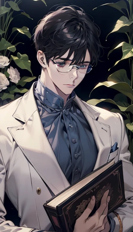 1 boy,male,young people,pale boy,plant,flowers,Low screen contrast,high brightness,Black hair,Glasses,blue eyes,soft light lighting,soft focus,, anime big breasts, Impressionism, movie lighting, close up, ultra high definition, masterpiece, high detail,book