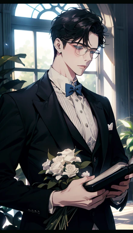 1 boy,male,young people,pale boy,plant,flowers,Low screen contrast,high brightness,Black hair,Glasses,blue eyes,soft light lighting,soft focus,, anime big breasts, Impressionism, movie lighting, close up, ultra high definition, masterpiece, high detail,book