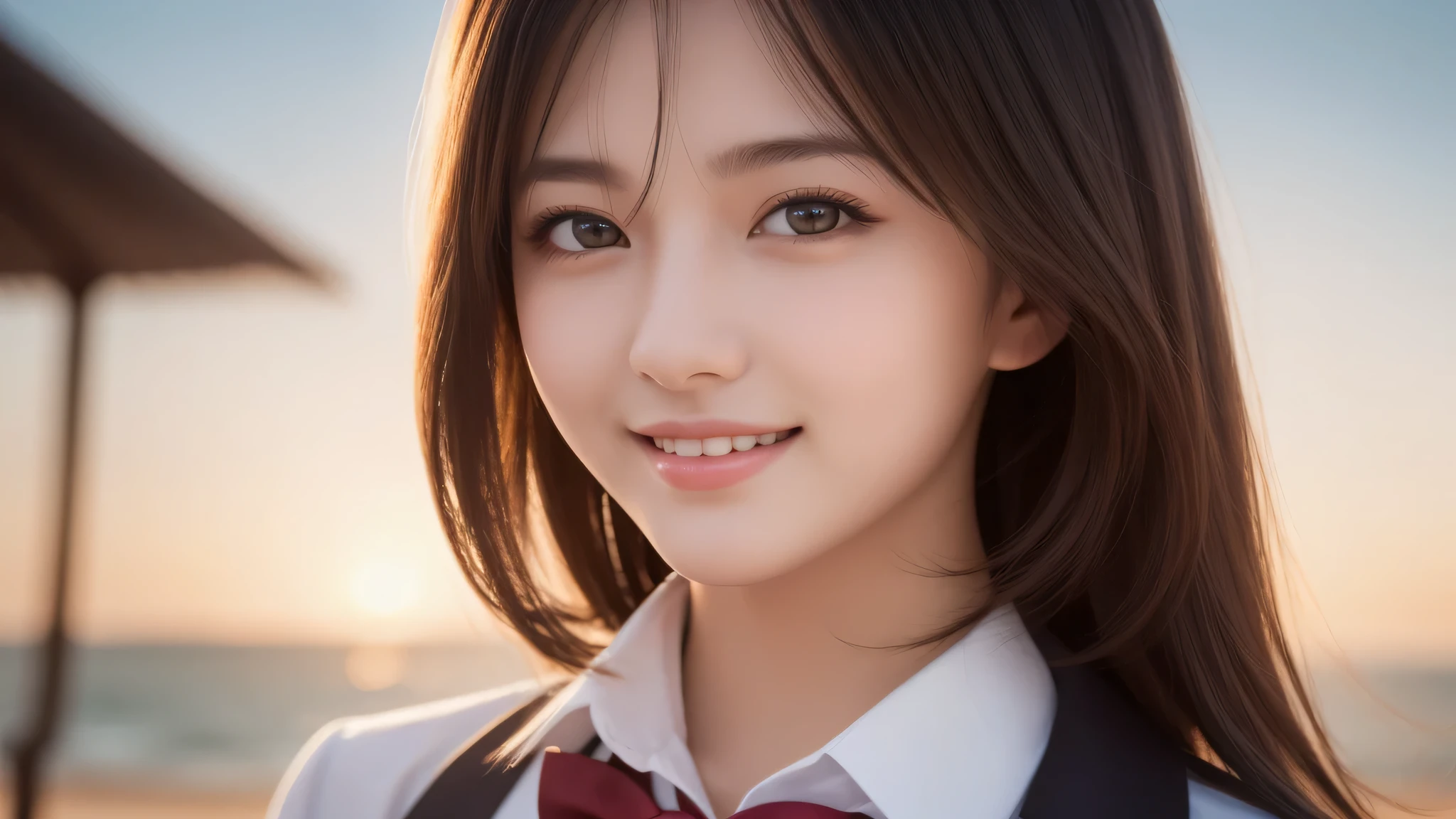 (3girl:1.2), (Medium Hair:1.3). enchanting smile, (Best Quality:1.4), Realistic, extremely detailed CG unified 8k wallpaper, highly detailed, High-definition raw color photos, professional photography, Realistic portrait, Cinematic Light, Beautiful detailed, Beautiful breasts, (Fine face:1.2), Close up portrait of girl, (high school uniform:1.2), Outdoors, (beach), sun, day,