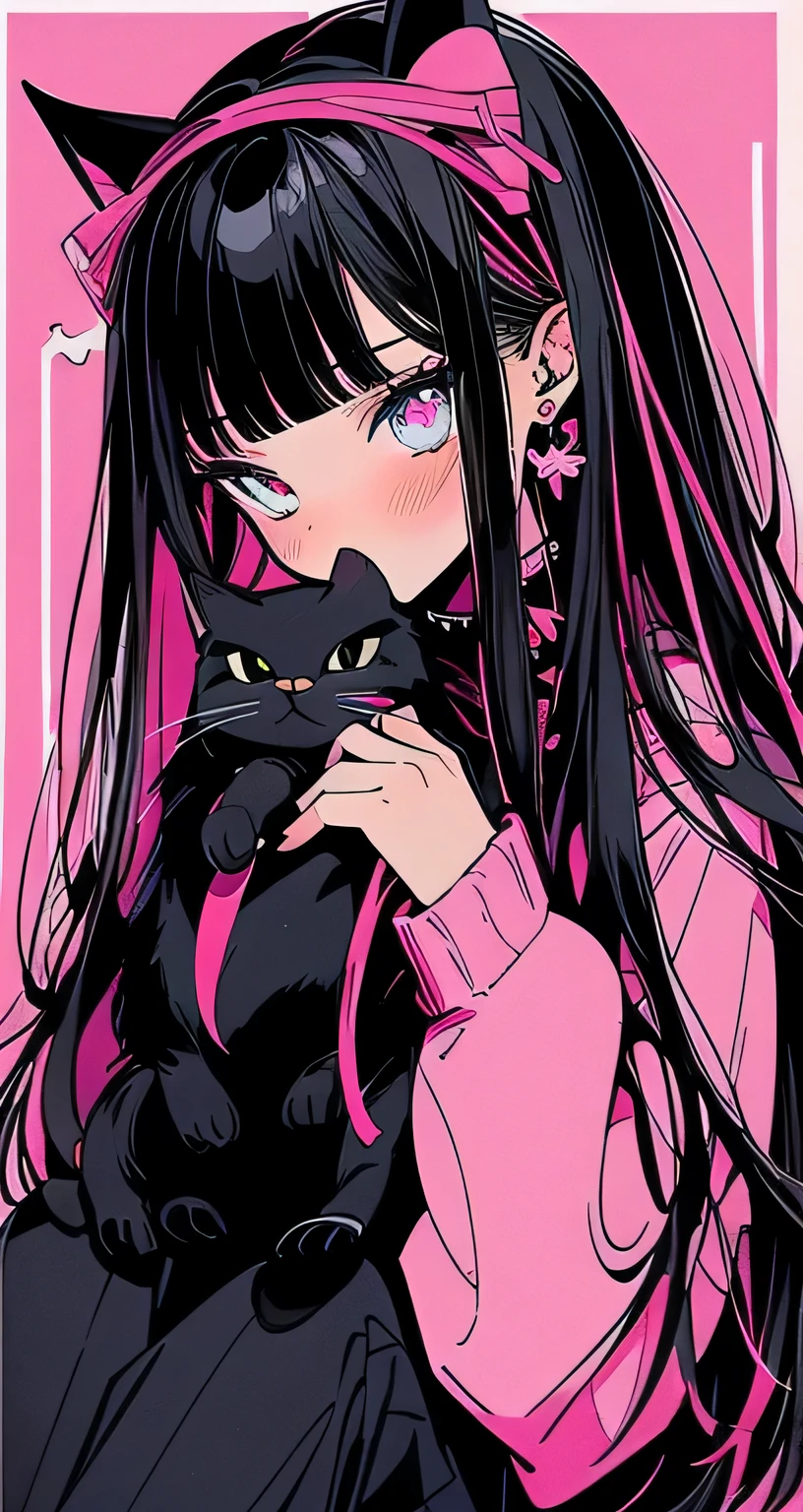 Beautiful youth, Black Hair, Long Hair, Pink Sweater, Black cat with pink ribbon, Just before the kiss, Cute and stylish room,high quality, elicit amount, Pixiv illustration, Japanese anime, clear line drawing, Transparent watercolor, Clear shading
