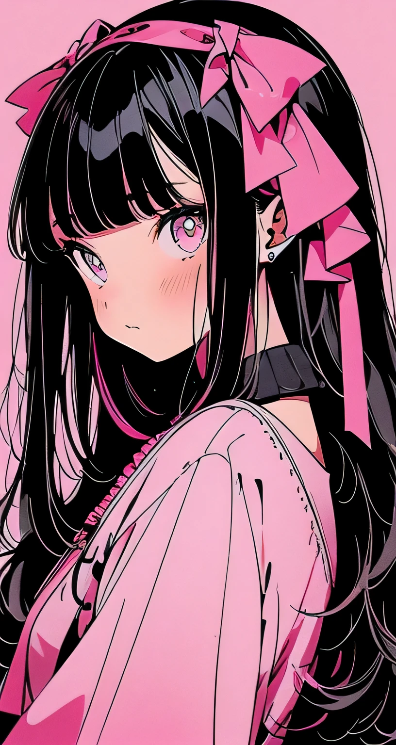 Beautiful youth, Black Hair, Long Hair, Pink Sweater, Black cat with pink ribbon, Just before the kiss, Cute and stylish room,high quality, elicit amount, Pixiv illustration, Japanese anime, clear line drawing, Transparent watercolor, Clear shading