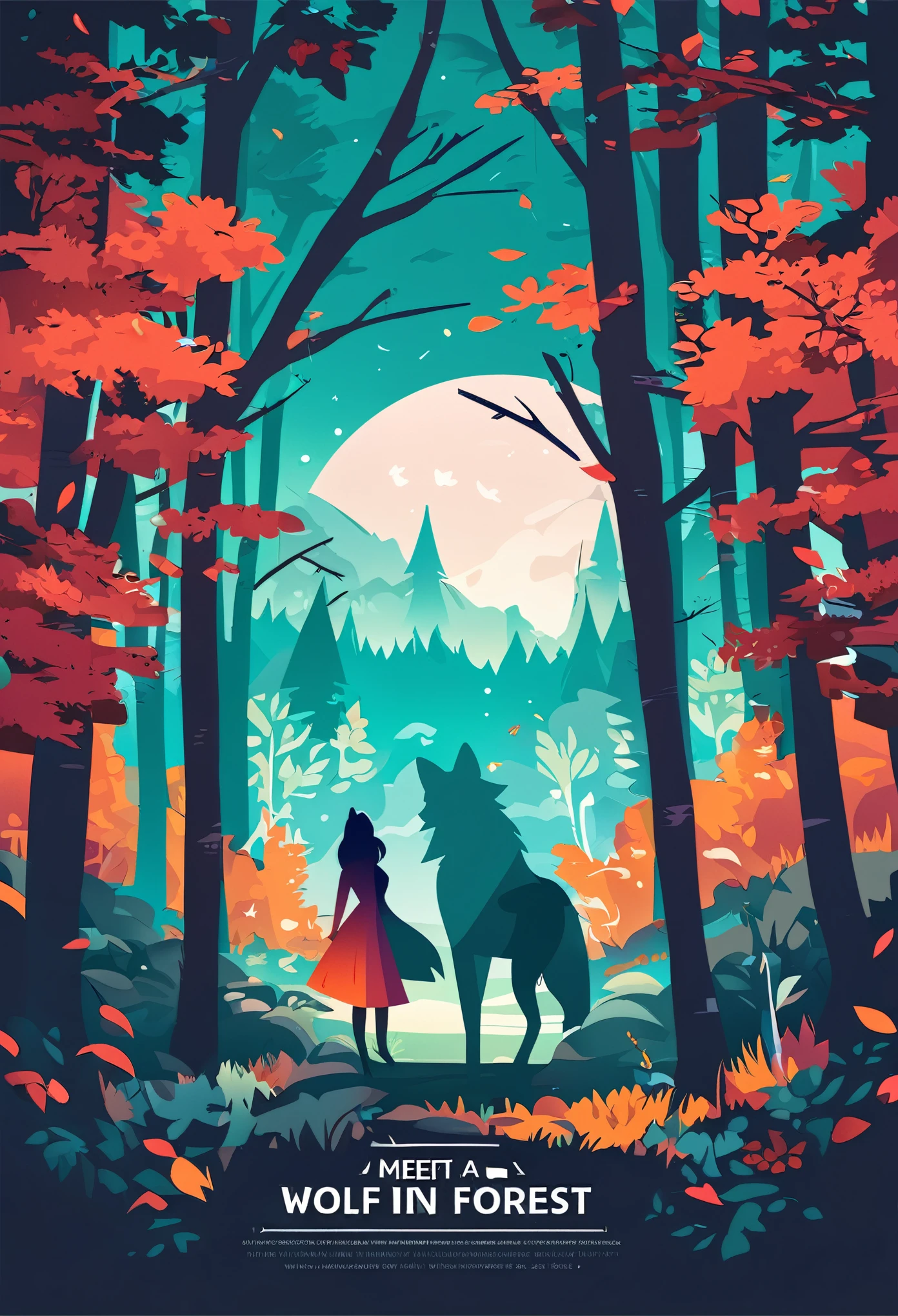cover page, A girl and a wolf meet in the forest, flat Design, vector illustrations, graphic illustration, detailed 2d illustration, flat illustration, digital illustration, digital artwork,