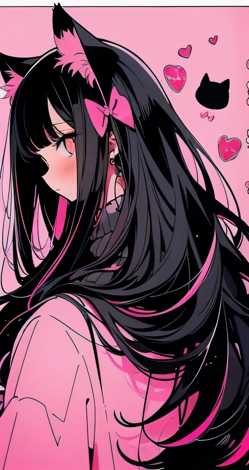 Beautiful youth, Black Hair, Long Hair, Pink Sweater, Black cat with pink ribbon, Just before the kiss, Cute and stylish room,high quality, elicit amount, Pixiv illustration, Japanese anime, clear line drawing, Transparent watercolor, Clear shading