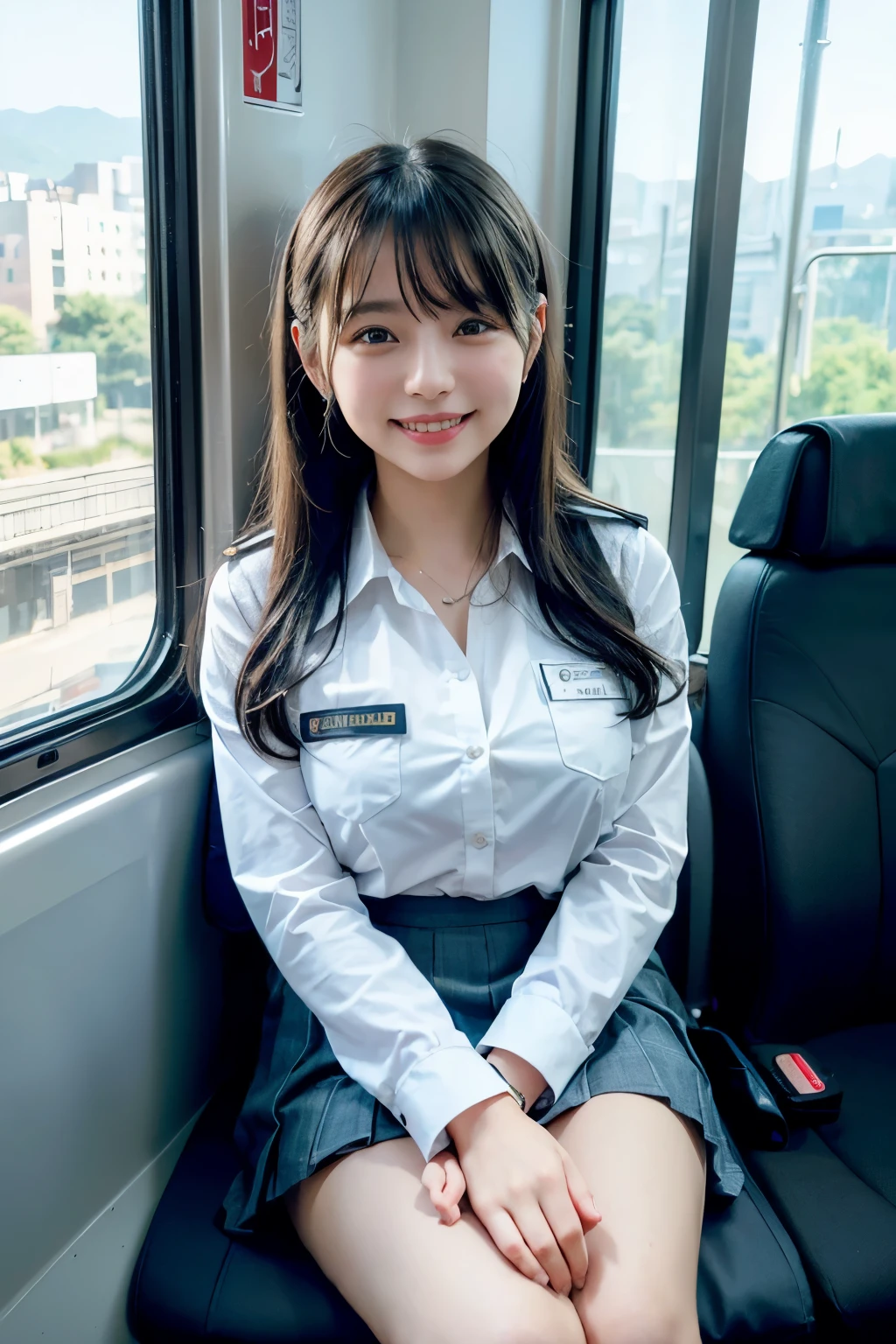 highest quality, masterpiece, Ultra-high resolution, (Reality: 1.4), Original photo, One girl, mature, White JK Uniform, happy smile, large chest , sitting on seat in train,  Cinema Lighting, Landscape sheet、The view from the train window