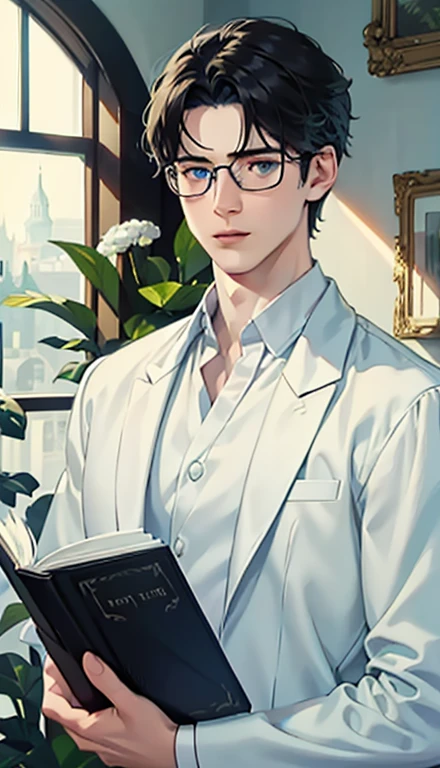 1 boy,male,young people,pale boy,plant,flowers,Low screen contrast,high brightness,Black hair,Glasses,blue eyes,soft light lighting,soft focus,, anime big breasts, Impressionism, movie lighting, close up, ultra high definition, masterpiece, high detail,book