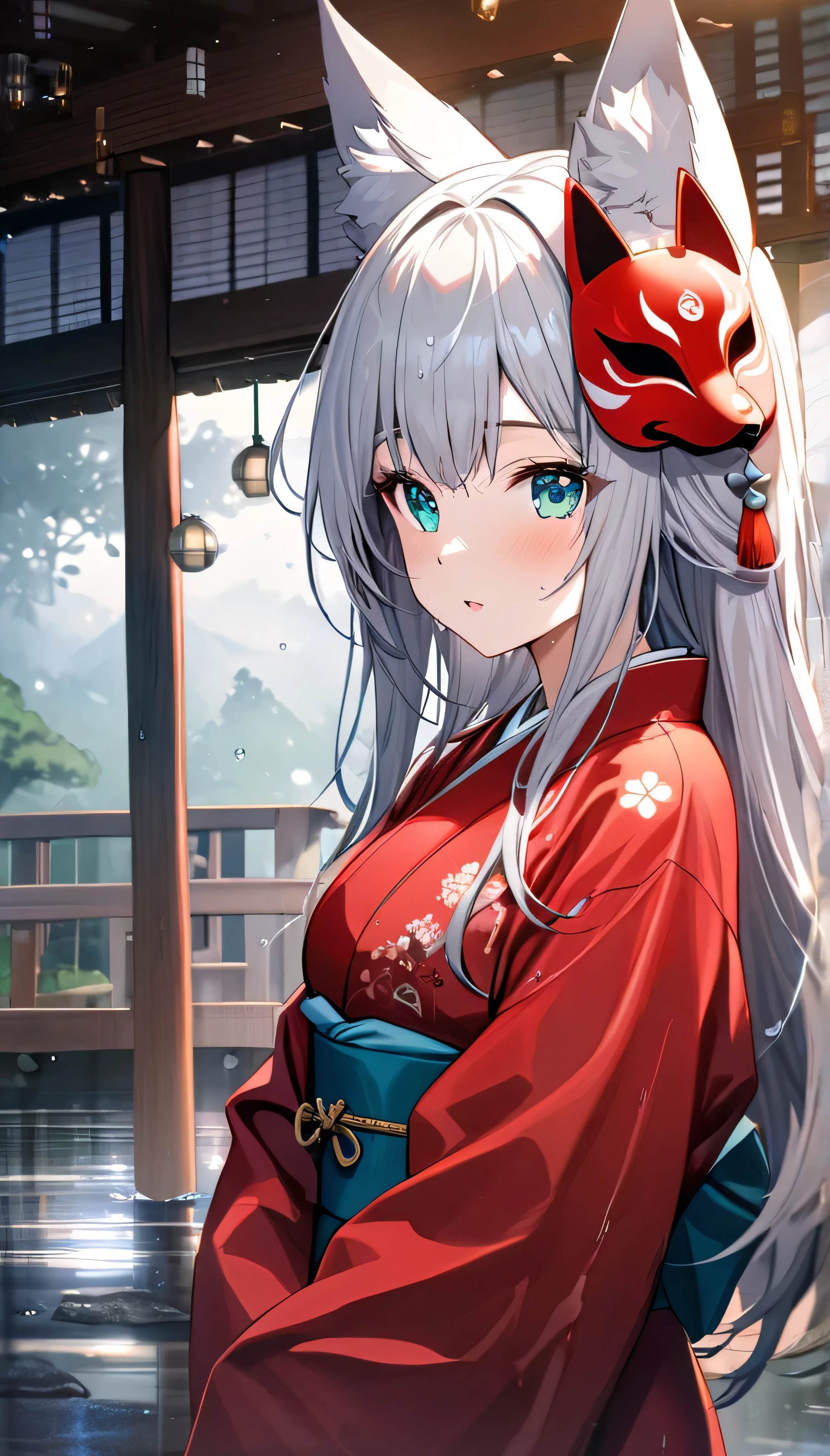 Resolution full, best quality, masterpiece, full HD, beautifull girl, foggy theme, super detailed, 1girl, cute girl, long hair, silver hair, kitsune mask at her hair.  detailed beautiful aqua eyes, wolf ears. Red kimono. In shrine. Rainly. Wet. Day time. Foggy. bokeh. Particle bokeh. Depth of field.