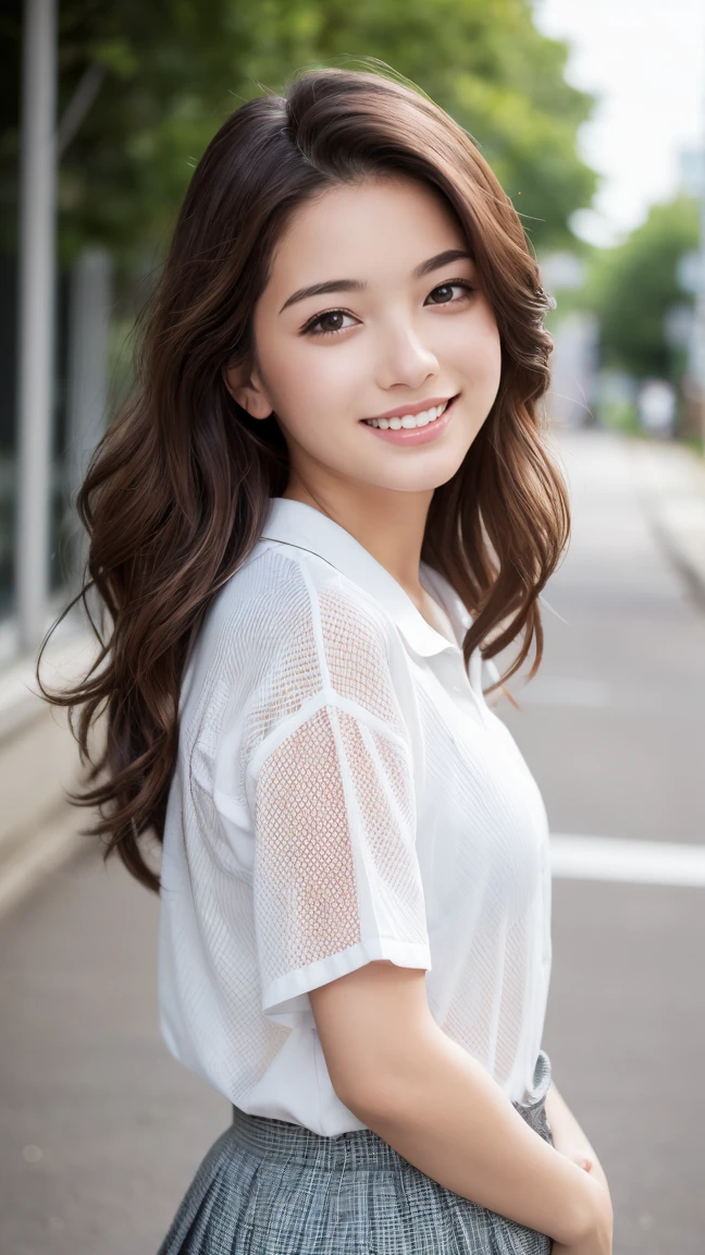 Realistic, masterpiece, highest quality, Highest Resolution, One Japan , 16 years old, Upper body photo, he女は目を細めた.、Look at me with a shy smile, Laughing with your mouth open, How to draw beautiful and delicate eyes, (Droopy eyes:1.3), Dark Eyes, Thin eyebrows, Draw eyelashes carefully, I can see your teeth, Gal Makeup, (Brown and white wavy hair with white mesh, Long Hair, middle part:1.3), (Hidden eyelid wrinkles:1.3), he'Wearing a neat white button-up shirt.., he女はショートパンツを着ています, gray, Check Pleated Skirt., A was taken from diagonally below., School classroom、Early summer morning、A refreshing college student、after school、Frisbee with friends、Active Scene、