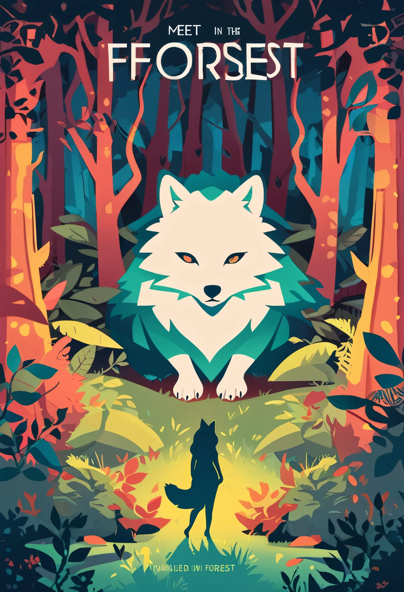 cover page, A girl and a wolf meet in the forest, flat Design, vector illustrations, graphic illustration, detailed 2d illustration, flat illustration, digital illustration, digital artwork,
