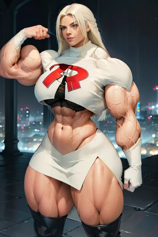 (((((Massive tall, beautiful, buff, brown skinned muscular goddess woman with white hair, ginormous bulky muscles and wearing a team rocket uniform with skirt))))), close view, (massive muscles), massive biceps, hyper muscle shoulders, (ginormous muscle arms), vascular shoulders, hyper muscle triceps, (long hair), blue eyes, choker, black thigh high boots, (white gauntlets), on the rooftop, confidant smile, night, hyper vascular arm, hyper muscles arms, hyper muscle legs, (ginormous arms).