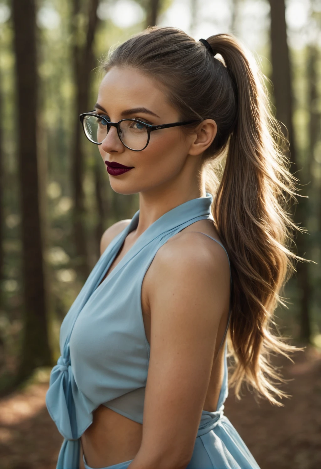 RAW color photo of very high quality and detail, long hair styled in a tied high ponytail, double exposure, sharp lines, monochrome background, 50mm, Canon EOS R10+ effect, focus on art by @DrDB, soft lighting, effect Field depth; (((Realism; 8k definition capabilities; The main scene is a full view of the person's image taken from a distance with an f/1.2 wide-angle camera; realistic image; woman, normal appearance, contemporary style, blue eyes; light brunette , 38 years old, wears square glasses))); ((normal body, thin abdomen, narrow waist)), small, well-shaped eyes; thin and detailed eyebrows, (dark brown hair long hair styled in a high tied ponytail), very detailed skin texture, slight dimple on the face without makeup, small mouth with burgundy lipstick 1.4, long dress 1.6))), facial features clear)); (((photographic, photographic, photogenic))), candid moment, genuine expressions, detailed facial features, emotional depth (radiant expression; looking at the front of the scene: 1,2), (((completely contrasted background))) clothes more ultra-real: 1.8)), legs in front of each other: 1.4, ((exposed detail: 1.4, full focus on scene position (f/1.2)); Sunlight hitting a forest; Spectacular ambient lighting, luminous colors, cinematic atmosphere, realism style, intricate details in high capture (((Ultra-high resolution, physics-based rendering. ((Many bright and colorful particles are flying: 1.5, backlit)) . full-figured woman, calm appearance, bohemian style, blue eyes;