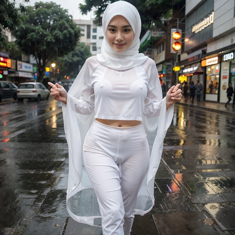 Young beautiful sweet sundanese Bogor city girl, 25 years old, slim body, georgeus face, no underwear, wearing wet white thin hijab, all her hairs covered under her hijab, wearing wet white thin see through very transparent buttoned dress, wearing wet white thin strict see through very transparent trousers, standing in the hard rain on the Bogor city street side walk, rain drop visible, water flowing down through all the thing, dense hairy vagina exposed visible through her trousers, happy face, both two hands waving up, realistic normal fingers, wearing wet glasses, wearing high heels,