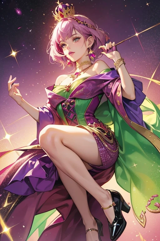 She is a lavender ith purplish-pink lips. On top of her short purple hair is a red crown encrusted with gold and gems. She wears a gold necklace, a green dress, and black shoes. She has red garments underneath her green dress. SPARKLE; GLITTER