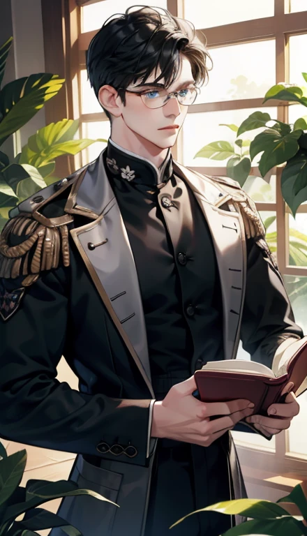 1 boy,male,young people,pale boy,plant,flowers,Low screen contrast,high brightness,Black hair,Glasses,blue eyes,soft light lighting,soft focus,, anime big breasts, Impressionism, movie lighting, close up, ultra high definition, masterpiece, high detail,book