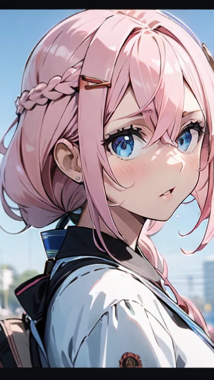 ((Uma garota)), close-up de uma garota de anime com cabelo loiro claro, longo e fino, amarrado em um rabo de cavalo, olhando para o espectador com um olhar sedutor, lips half open, dynamic pose, (((Pale skin))), cabelo multicolorido loiro e azul, olhos azuis, (((vestindo roupas urbanas modernas moda))), (((seios grandes))), garota anime loira com cabelo comprido, fundo branco