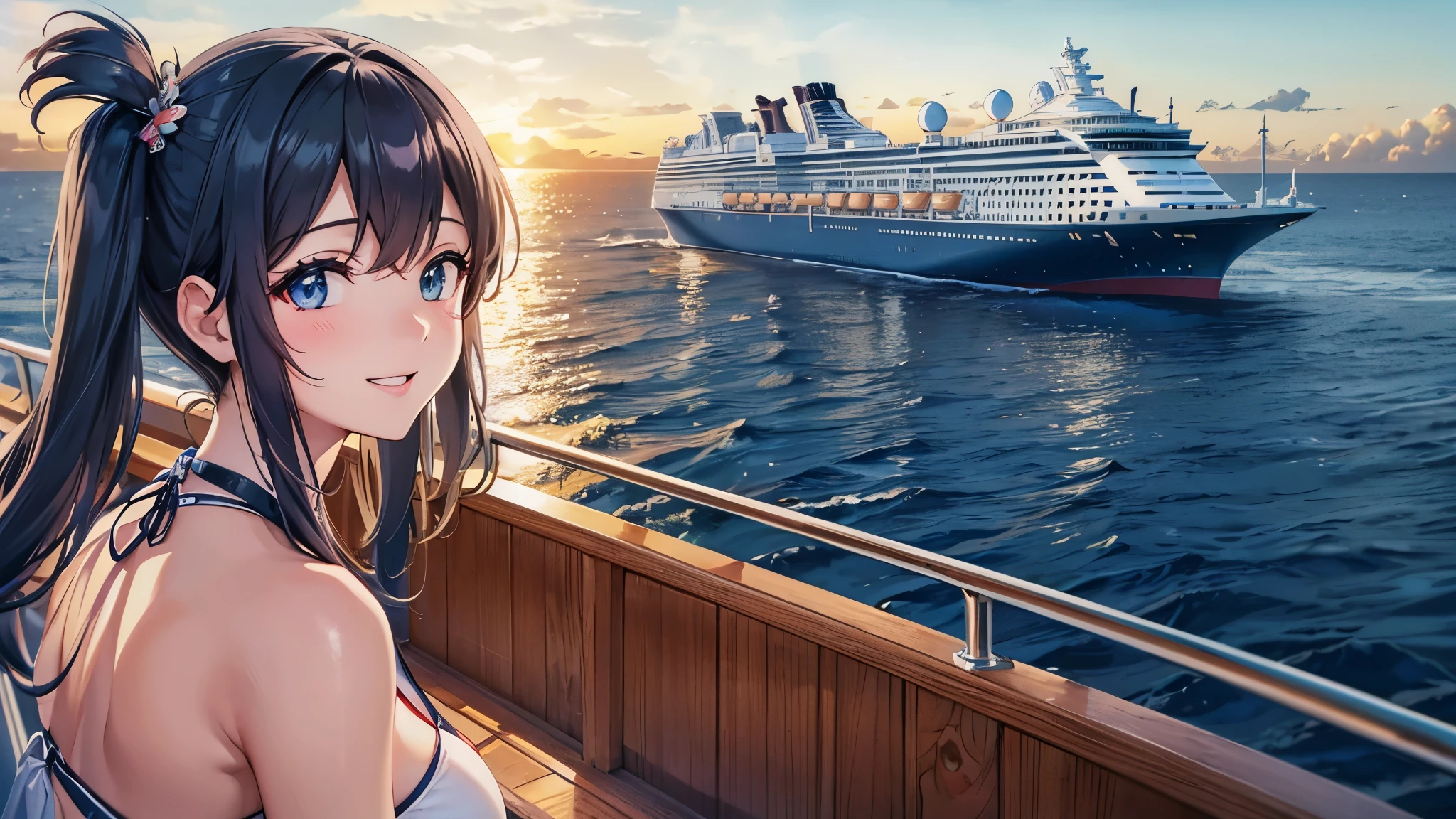 Take a round-the-world cruise on a luxury cruise ship　Large luxury cruise ships passing each other　Beautiful girl looking at the cruise ship　A port where large luxury cruise ships pass by　Light blue long hair　A beautiful girl with twin tails　Bright smile　