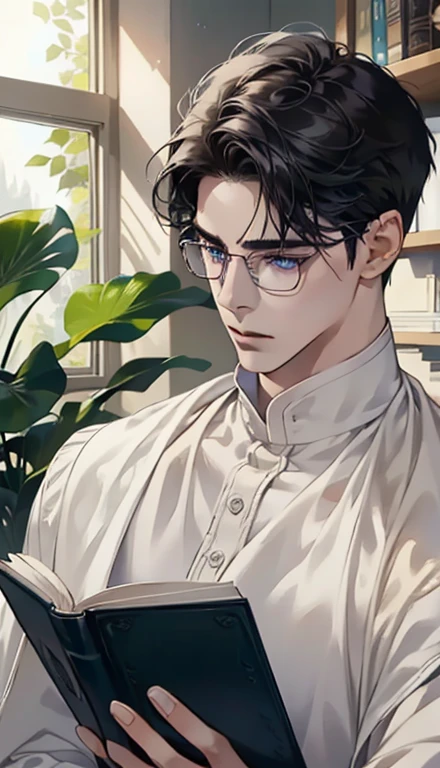 1 boy,male,young people,pale boy,plant,flowers,Low screen contrast,high brightness,Black hair,Glasses,blue eyes,soft light lighting,soft focus,, anime big breasts, Impressionism, movie lighting, close up, ultra high definition, masterpiece, high detail,book
