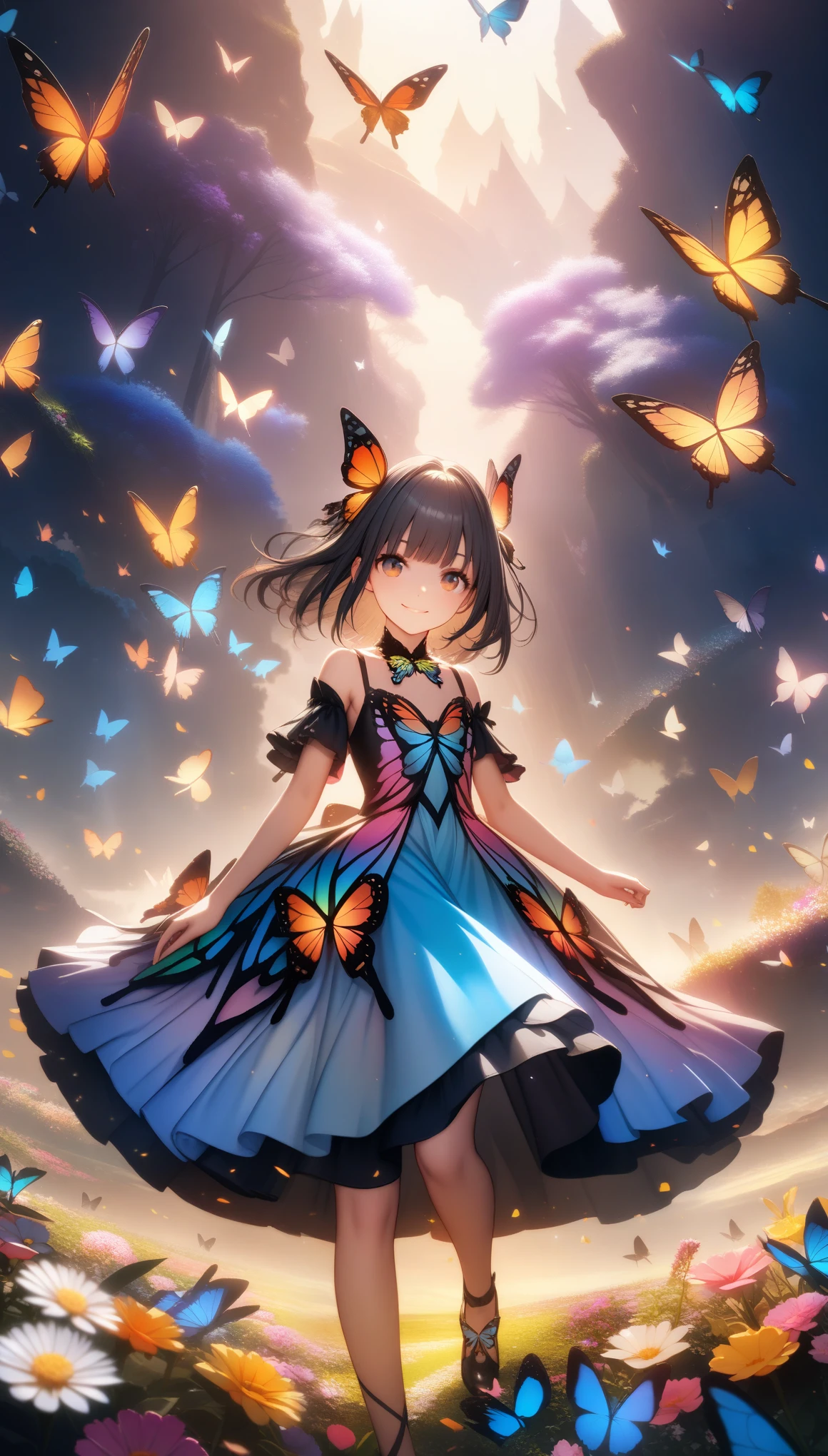 32k, best quality, ultra high res, HDR, UHD, extremely detailed CG, unity 32k wallpaper, (32k), (beautiful cute girl), (butterfly ornament), (butterfly dress), ((many butterflies)), (((background of many flowers
))), (((bright background))), (beautiful world), (cute world), smile,