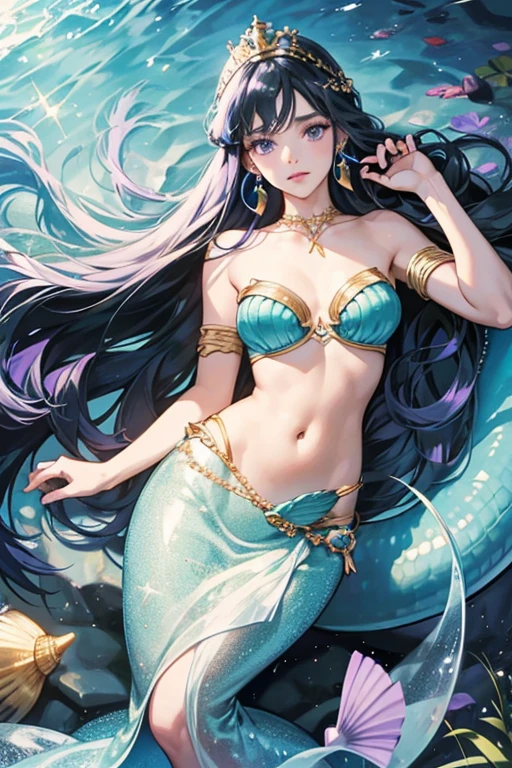 (masterpiece, best quality), 1 siren with long, flowing mermaid hair, seductively eating a sailor, underwater scene, deserted shipwreck in the background, detailed textures of fish scales and seaweed, siren's eyes glowing like bright gemstones, sailor's uniform ripped and disheveled, realistic, highly detailed rendering, water droplets cascading from the siren's hair, intricate sea creatures peeking from the coral reefs, sensual and mysterious atmosphere.