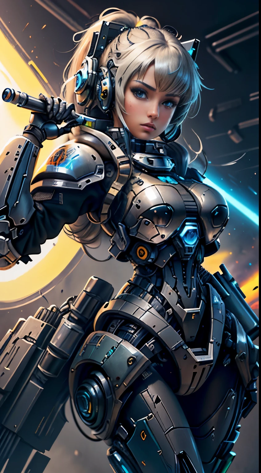 (mejor calidad, 8k, obra maestra: 1.2), ultra detallada, (ultra realista, fotorrealista: 1.37),1 chica Cabello Blanco Soldado estilo pistola en el fondo, Chica en Mech Blanco, Cyberpunk anime chica mecha, Wearing sci-fi military armor, Hermosa chica negro cyborg, Cyborg - Chica de plata, Mech negro de Fira, Eco el Overwatch, Perfecto anime cyborg mujer, Pupilas azules, Cinco dedos, CGhSociety inspirado campo de batalla, planeta alienigena, Alien battle,