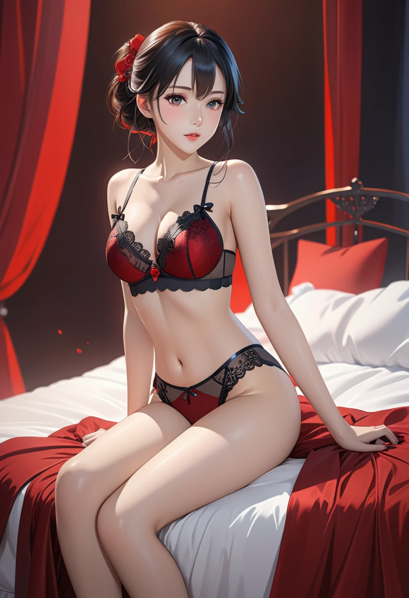 Anime-style woman in lingerie sitting on a bed with red curtains, Enchanting anime girl, Beautiful and attractive anime woman, Smooth anime CG art, Beautiful Anime Girls, Highly detailed art gems, Attractive anime girl, pixiv artstationのguweiz, , Beautiful Anime Women, From Girls Frontline, ArtStation PixivのGuweiz