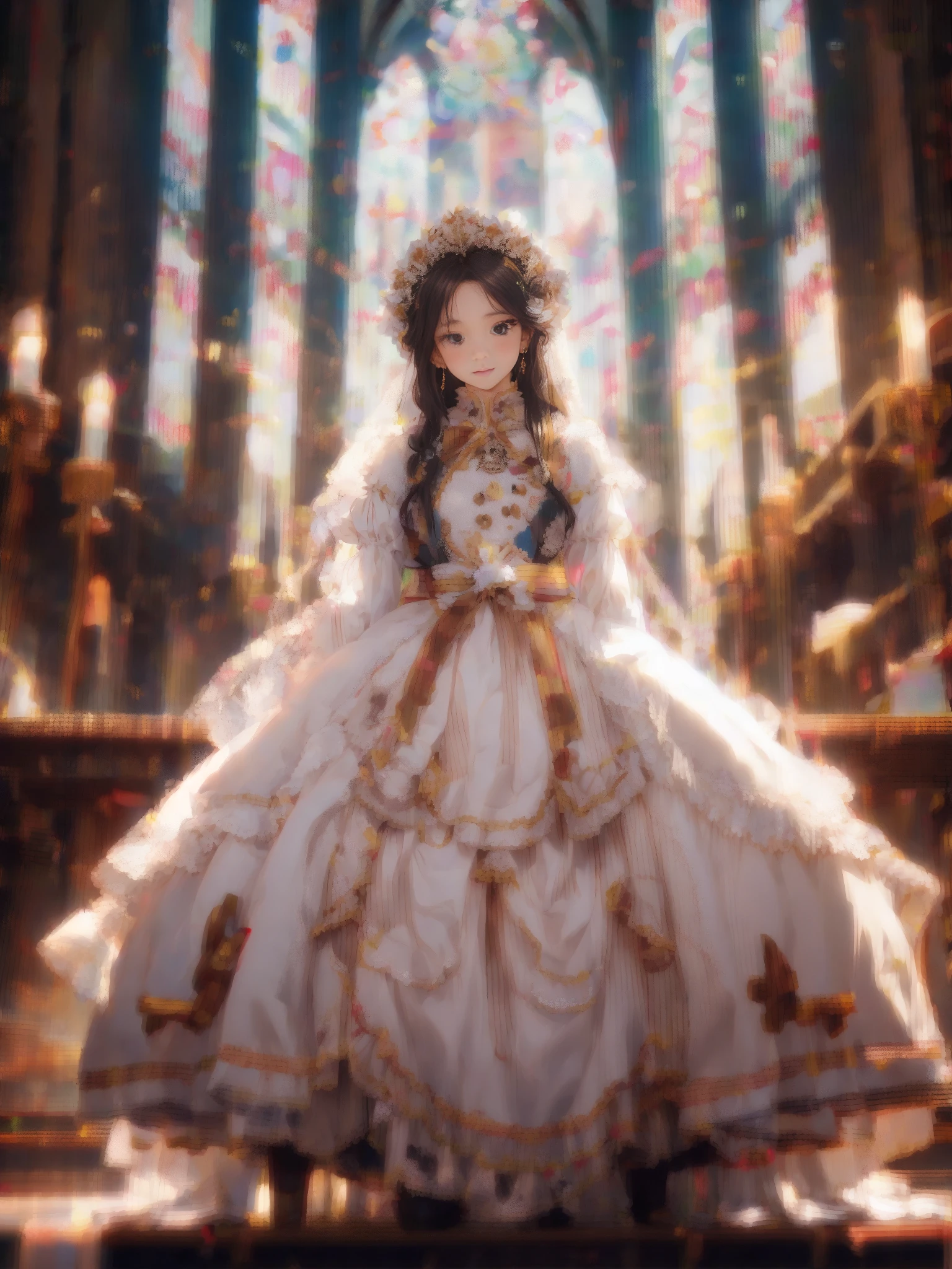 In front of the altar of a majestic church、（blurred background）、brighter light、golden long hair girl、Classic White Wedding Dresses、（elegant luster）、（Lots of races）、lots of ribbons、((voluminous puff sleeves))、long cuffs with many buttons、golden embroidery、long train、white embroidered gloves、five fingers、laughter、Redness of the cheeks