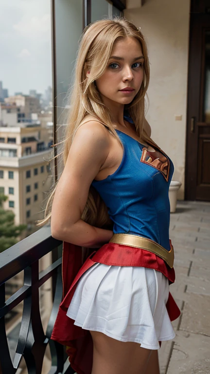 ((Best quality, Masterpiece, Nonsense)),1girll:1.9, Sexy, ( 18 years old, Expressive blue eyes, shoulder-length blonde hair, Long hair,Loose and fluffy hair),Dressed Supergirl cosplay (Super Girl Suite custom role-playing), Shortest red skirt,eechi, Terrace in 1 building, supergirl, cleavage, tiny thong, big tits, big butt, tiny top suit, sexy hero pose, hard niples, sweaty skin, side boob