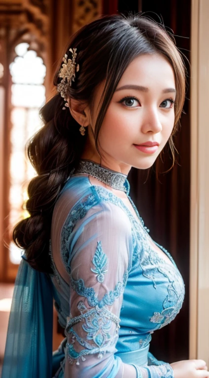 (A woman:1.5), (wearing long sleeve transparent kebaya with detailed ornate filigree, batik sarong), (elegant pose:1.4) in the morning in the traditional javanese palace, beautiful detailed eyes, grey blue eyes, beautiful face, detailed face, look at around, braid hair, s-line postures, droopy large breast, (low angle view:1.3, seen from below, extreme close up:1.2), breast focus, sunlight streaming through the building, cheerful ambient, colorful atmosphere, vivid colors, natural beauty, youthful energy