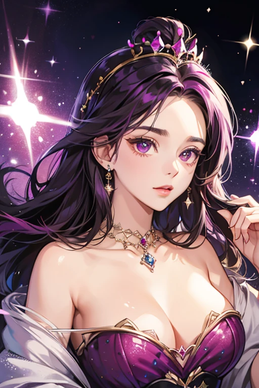 she wearing a crown embedded with jewels. she have six large dark magenta spots . SPARKLE; GLITTER