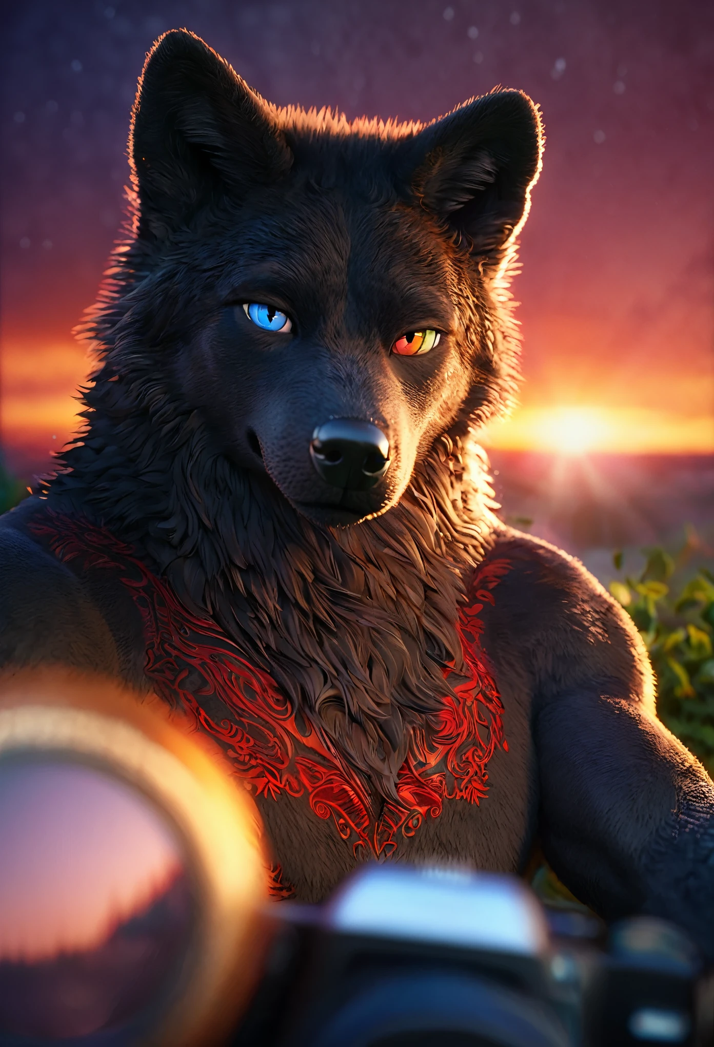 male alpha wolf in garden, black skin, red tattoo, waning moon tattoo on chest, ((heterochromia, blue left eye, red right eye)) dreamy background, kindness, unlimited light, magnificent sunset background, octane render, beautiful features, beautifully detailed eyes, intricate skin, detailed face, perfect skin texture, extreme details, full body vision, cinematic lighting,  professional lighting, centered, looking at camera, 8k, shooting with Hasselblad X1D-50, maximum focus, depth of field, perfect lighting, light particles, (best quality), (masterpiece), (ultra detailed), sharp focus, light particles