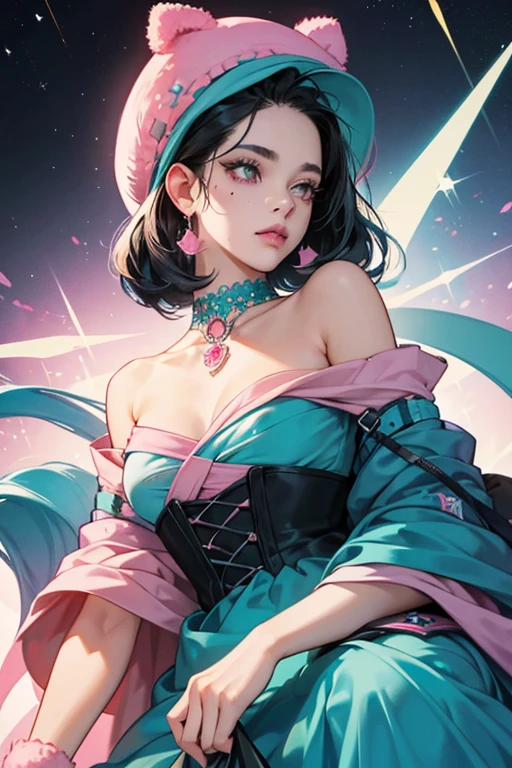 She was light blue with black hair, and had teal lips, with a mole to the right of them. Her scleras were light orange with black pupils. She wore a pink hat and a pink dress and neck ruff. SPARKLE; GLITTER