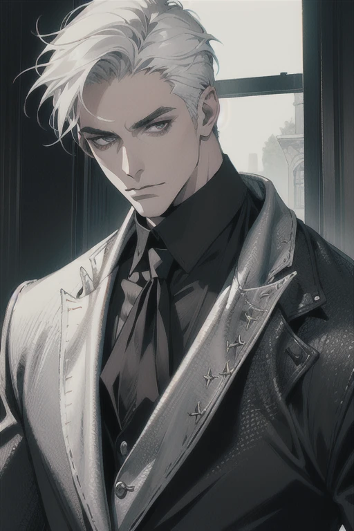 (masterpiece, best quality:1.2), (absurd res, high res, ultra detailed), 1 male, adult, handsome, tall muscular guy, broad shoulders, white hair, finely detailed eyes, portrait, looking at viewer, solo, half shot, detailed background, detailed face, (gothic), smirk, vampire, dark leather, high fantasy,, stealth, undercover, (crates in background), shadows, fog, (dutch angle), closed mouth,
