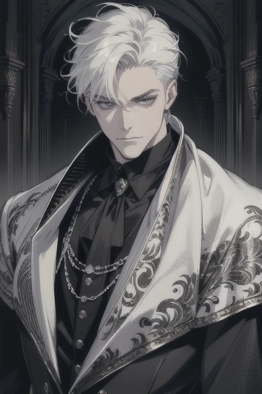 (masterpiece, best quality:1.2), (absurd res, high res, ultra detailed), 1 male, adult, handsome, tall muscular guy, broad shoulders, white hair, finely detailed eyes, portrait, looking at viewer, solo, half shot, detailed background, detailed face, (gothic), smirk, vampire, dark leather, high fantasy,, stealth, undercover, (crates in background), shadows, fog, (dutch angle), closed mouth,