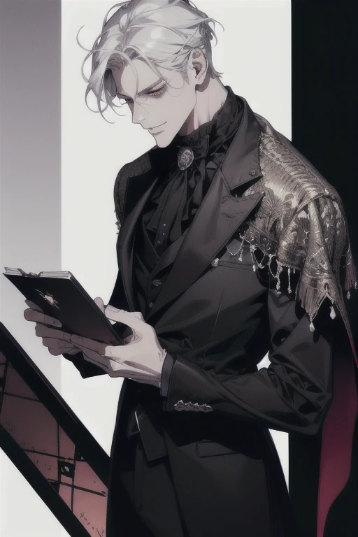 (masterpiece, best quality:1.2), (absurd res, high res, ultra detailed), 1 male, adult, handsome, tall muscular guy, broad shoulders, white hair, finely detailed eyes, portrait, looking at viewer, solo, half shot, detailed background, detailed face, (gothic), smirk, vampire, dark leather, high fantasy,, stealth, undercover, (crates in background), shadows, fog, (dutch angle), closed mouth,